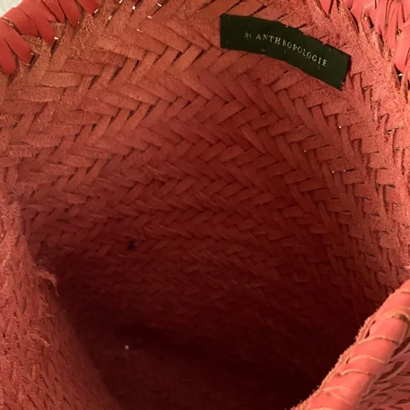 Anthropologie Woven Leather Market Bag Coral Pink Basket Tote Boho - Picture 9 of 10